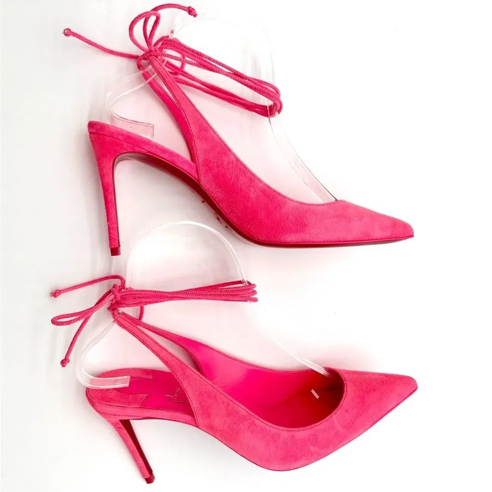 Christian Louboutin Lace Up Kate 85 Pink Suede Stiletto Pumps Heels EU 37 US 7